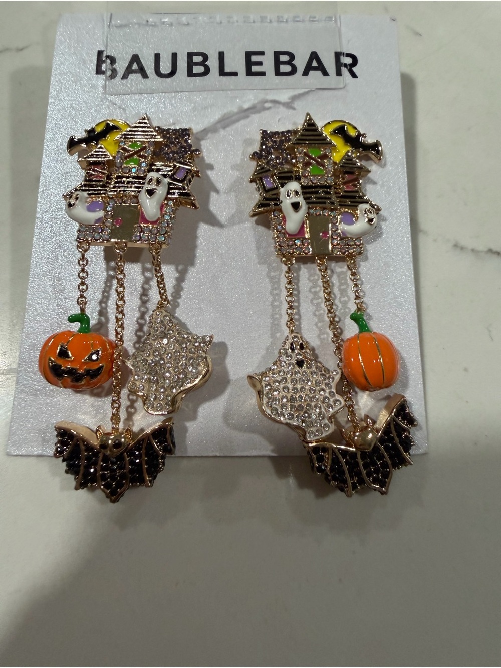 BaubleBar Gold-Tone Halloween Haunted House Drop Earrings with Orange Pumpkins